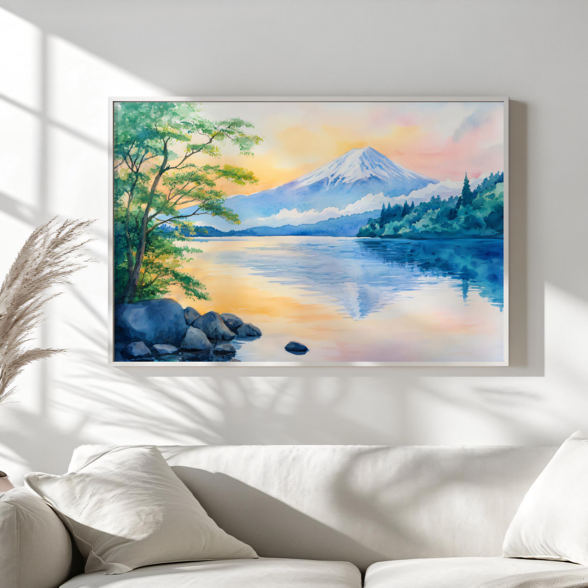 河口湖の絵画、富士山の水面反射の壁画、日本の夏の夕焼けのアート