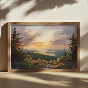 Cadillac Mountain Painting, Acadia National Park Sunset Wall Art, Maine Summer Mountain Forest Artwork, Appalachian Coastal Ocean Sunset Art