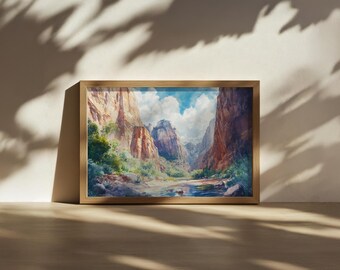 The Narrows Painting, Zion National Park Wall Art, Utah Summer Red Rock Canyon Artwork, Virgin River Art, Mountain Nature Landscape Print