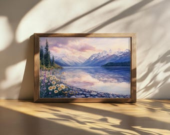 Cuadro imprimible del atardecer en el Parque Nacional Glaciar, arte mural con reflejos del lago McDonald, flores silvestres de primavera en Montana, impresión de un bosque de montaña