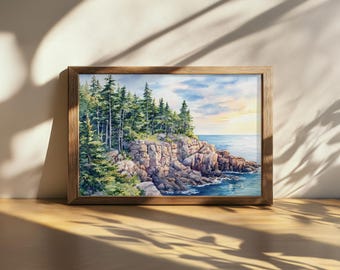 Printable Acadia National Park Painting, Atlantic Ocean Shoreline Wall Art, Maine Summer Coastline Artwork, Coastal Forest Nature Landscape