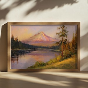 Mount Hood Painting, Trillium Lake Reflection Wall Art, Oregon Summer Sunset Art, Cascade Range Snow Mountain Forest Nature Landscape Print