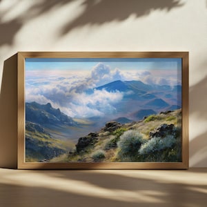 Haleakala National Park Painting, Hawaii Volcano Nature Wall Art, Maui Mountain Sea Cloud Artwork, Hawaiian Volcanic Summer Landscape Print