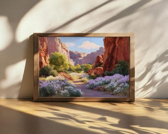 Printable Capitol Reef National Park Painting, Utah Desert Wall Art, Red Rock Valley Spring Wildflower Artwork, Mountain Canyon Nature Print