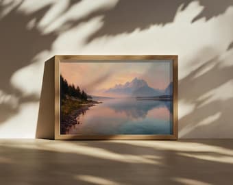 Grand Teton National Park Painting, Forest Shore Nature Wall Art, Wyoming Summer Alpine Artwork, Snow Mountain Lake Sunrise Landscape Print