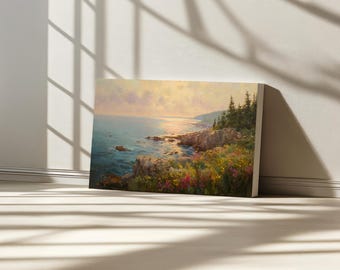 Acadia National Park Canvas, East Atlantic Ocean Wall Art, Maine Spring Wildflower Art, Rocky Forest Coast Sunrise Nature Landscape Painting