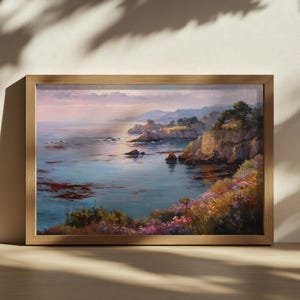 Point Lobos-schilderij, natuurmuurkunst kust van Californië, Monterey Peninsula Bay klaprozen zonsopgang, Stille Oceaan lente landschap met wilde bloemen