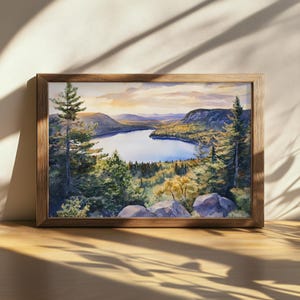 Printable Echo Lake Sunset Painting, Acadia National Park Wall Art, Maine Summer Mountain Artwork, Mount Desert Island Forest Landscape Art