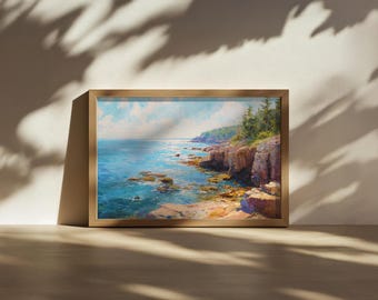 Acadia National Park Painting, East Atlantic Ocean Coast Wall Art, Maine Summer Rocky Shore Artwork, Coastal Forest Nature Landscape Print