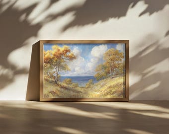 Peinture sur le lac Michigan, art mural des Grands Lacs d'Amérique du Nord, oeuvre d'art du feuillage d'automne du Michigan, impression d'art paysage nature forêt