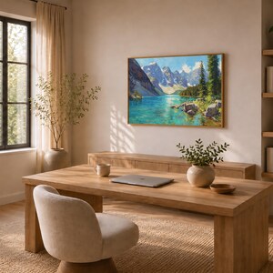 Dipinto del lago Moraine, opera d'arte murale del Parco nazionale di Banff, opera d'arte estiva sulle montagne rocciose canadesi, stampa di paesaggi naturali con acque turchesi del Canada immagine 7