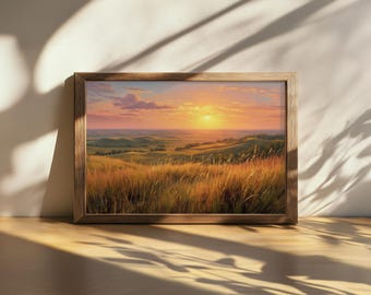 Printable Flint Hills Sunset Painting, Tallgrass Prairie National Preserve Wall Art, Kansas Summer Meadow Artwork, Midwest Grassland Print