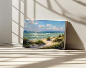 Lake Michigan Canvas, Great Lakes of North American Wall Art, Michigan Summer Wildflower Artwork, Sand Dune Shoreline Landscape Painting