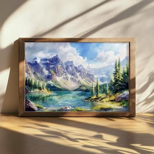 Printable Moraine Lake Painting, Banff National Park Wall Art, Canada Summer Rockies Water Reflection Artwork, Alberta Mountain Forest Art