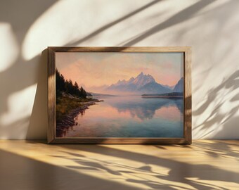 Printable Grand Teton National Park Painting, Forest Shore Nature Wall Art, Wyoming Summer Alpine Artwork, Snow Mountain Lake Sunrise Print