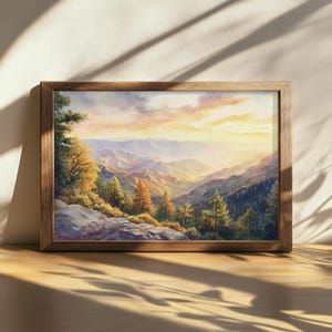 Peinture imprimable coucher de soleil Sequoia National Park, art mural séquoias de Californie, belle toile nuage, oeuvre d'art feuillage d'automne forêt de montagne