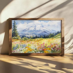 Printable Mount Saint Helens Painting, Cascade Range Wall Art, Washington Spring Wildflower Artwork, Volcano Mountain Forest Nature Print