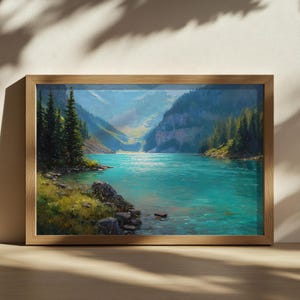Pintura del lago Louise, arte mural del Parque Nacional Banff, obra de arte de la cordillera de las Rocosas canadienses, impresión de paisaje de aguas turquesas de verano en Canadá