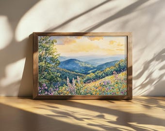 Cuadro imprimible del Parque Nacional Shenandoah, arte mural de las Montañas Blue Ridge, flores silvestres de Virginia en primavera, atardecer en el bosque de las Tierras Altas de los Apalaches