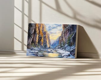 The Narrows Sunrise Canvas, Zion National Park Wall Art, Utah Winter Canyon Snow Art Print, Snowy Virgin River Mountain Landscape Painting