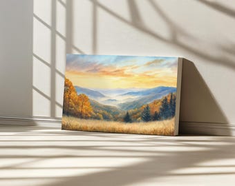 Great Smoky Mountains National Park Canvas, Blue Ridge Range Wall Art, North Carolina Autumn Sunset, Tennessee Forest Fall Foliage Painting