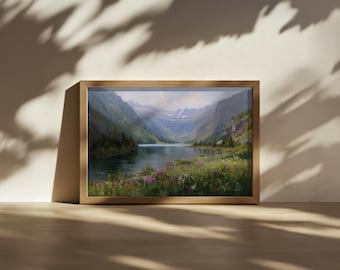 Avalanche Lake Sunrise Painting, Glacier National Park Wall Art, Montana Mountain Forest Artwork, Lakeside Spring Wildflower Landscape Print