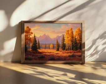 Printable Grand Teton National Park Painting, Mountain Forest Nature Wall Art, Wyoming Autumn Fall Foliage Artwork, Snow Alpine Sunset Print