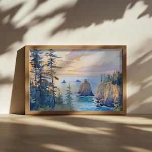 Oregon Coast Sunset Painting, West Coast Ocean Wall Art, Pacific Northwest Summer Forest Artwork, Coastal Golden Hour Nature Landscape Print