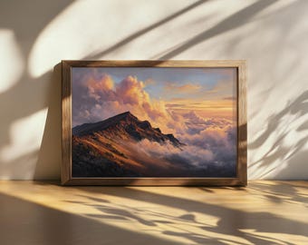 Tableau imprimable du parc national de Haleakala, art mural nature volcanique d'Hawaï, lever de soleil nuageux sur la mer et les montagnes de Maui, impression d'été volcanique hawaïenne