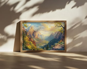 Angels Landing Sunset Painting, Zion National Park Wall Art, Utah Autumn Fall Foliage Artwork, Red Rock Mountain Valley Landscape Art Print