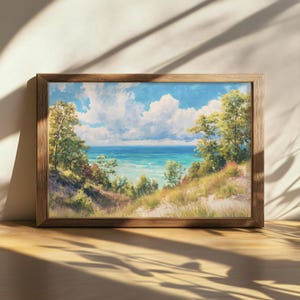 Printable Lake Michigan Painting, Great Lakes of North American Wall Art, Michigan Summer Shoreline Artwork, Forest Nature Landscape Art