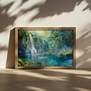Mossbrae Falls Painting, Mossy Waterfall Wall Art, California Summer Spring Artwork, Moss Forest Lake Reflection Nature Landscape Art Print