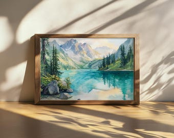 Printable Colchuck Lake Painting, Cascade Range Turquoise Water Wall Art, Washington Summer Sunrise, Leavenworth Mountain Forest Nature Art