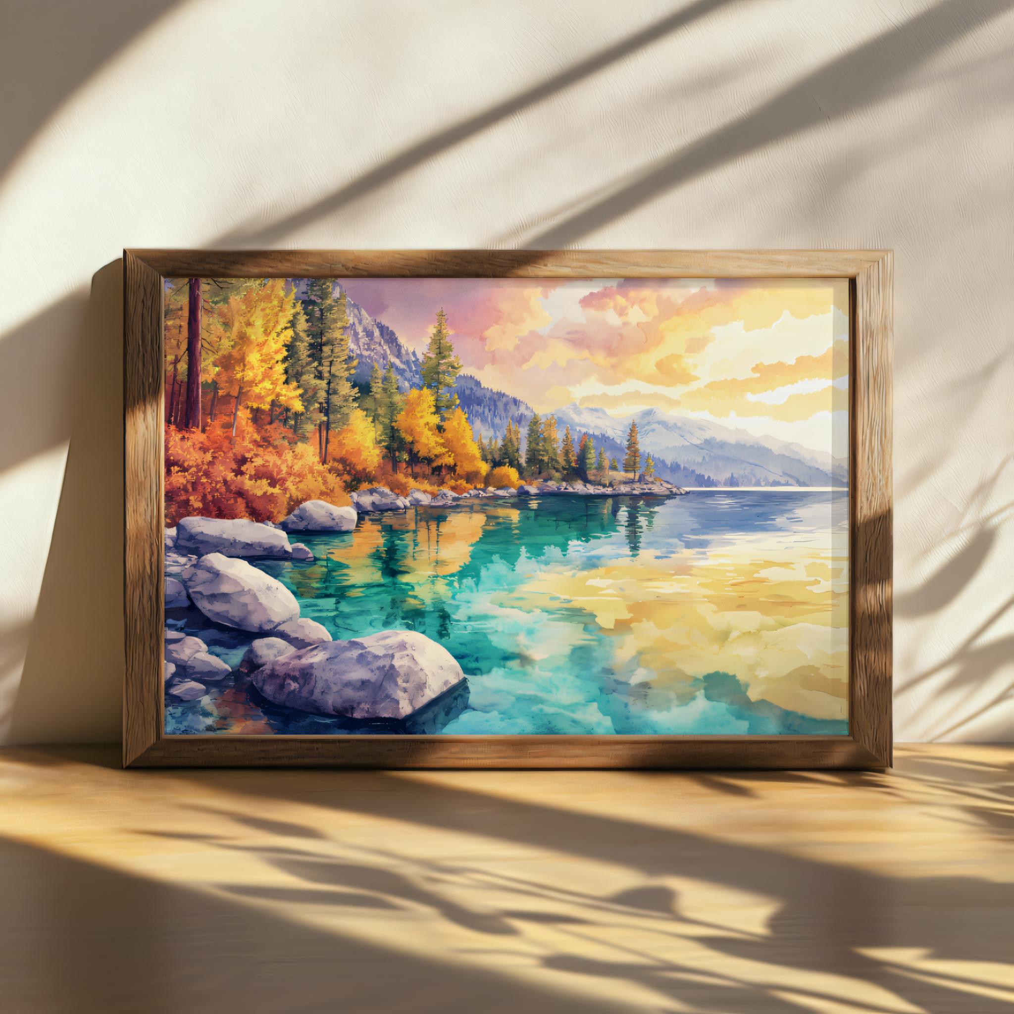 タホ湖の夕焼けの絵画、湖畔のターコイズブルーのウォーターウォール