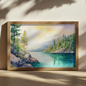 Lake Tahoe Painting, Turquoise Water Reflection Wall Art, California Summer Golden Hour Sunset Artwork, Mountain Forest Nature Landscape Art