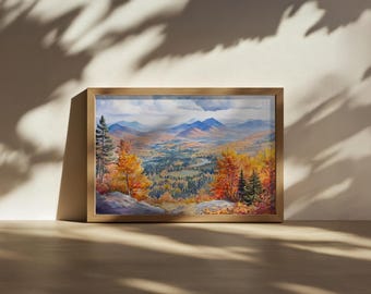 Dipinto sulle montagne Adirondack, arte murale sul monte Marcy, opera d'arte con fogliame autunnale di New York, stampa artistica con paesaggio naturale della cima di una foresta di montagna