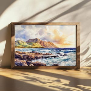 Printable Koko Head Painting, Hawaii Coastal Ocean Wall Art, Hawaiian Summer Mountain Artwork, Honolulu Coast Sunrise, Seascape Landscape