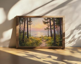 Printable Lake Michigan Painting, Great Lakes of North American Wall Art, Michigan Summer Sunrise Sky Artwork, Lakeside Forest Nature Print