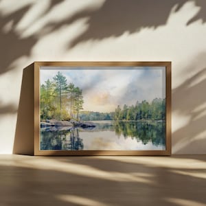 Lake Wylie Painting, Clear Water Reflection Wall Art, South Carolina Summer Sunrise Artwork, Lakeside Forest Golden Hour Nature Landscape