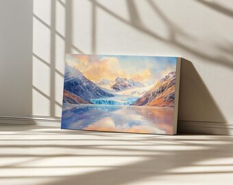 Glacier Bay National Park Canvas, Margerie Glacier Wall Art, Alaska Autumn Fall Foliage Print, Frozen Ocean Tundra Sunset Landscape Painting
