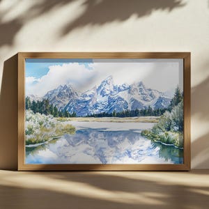 Grand Teton Nationalpark Malerei, See Wasser Reflection Art, Wyoming Winter Schnee Kunstwerk, verschneite Bergwald Natur Landschaft Print