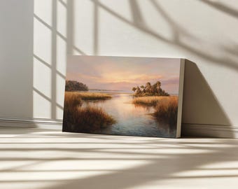 Lienzo con atardecer en el Parque Nacional Biscayne, arte mural tropical de Florida, obra de arte con bosque de manglares invernal, pintura de paisaje natural con palmeras costeras