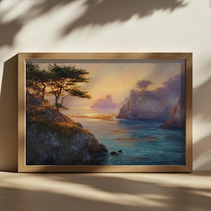 Schilderij Point Lobos, Californië klaprozen natuur muurkunst, Monterey Peninsula Bay zonsondergang landschap, Stille Oceaan kust zomer zeegezicht kunst