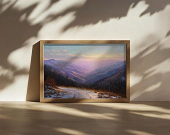 Great Smoky Mountain National Park Painting, North Carolina Blue Ridge Sunset Wall Art, Tennessee Appalachian Winter Snow Landscape Artwork