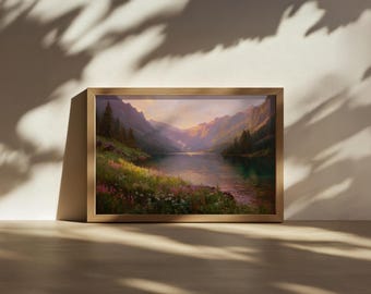 Avalanche Lake Sunset Painting, Glacier National Park Wall Art, Montana Mountain Forest Artwork, Lakeside Spring Wildflower Landscape Print