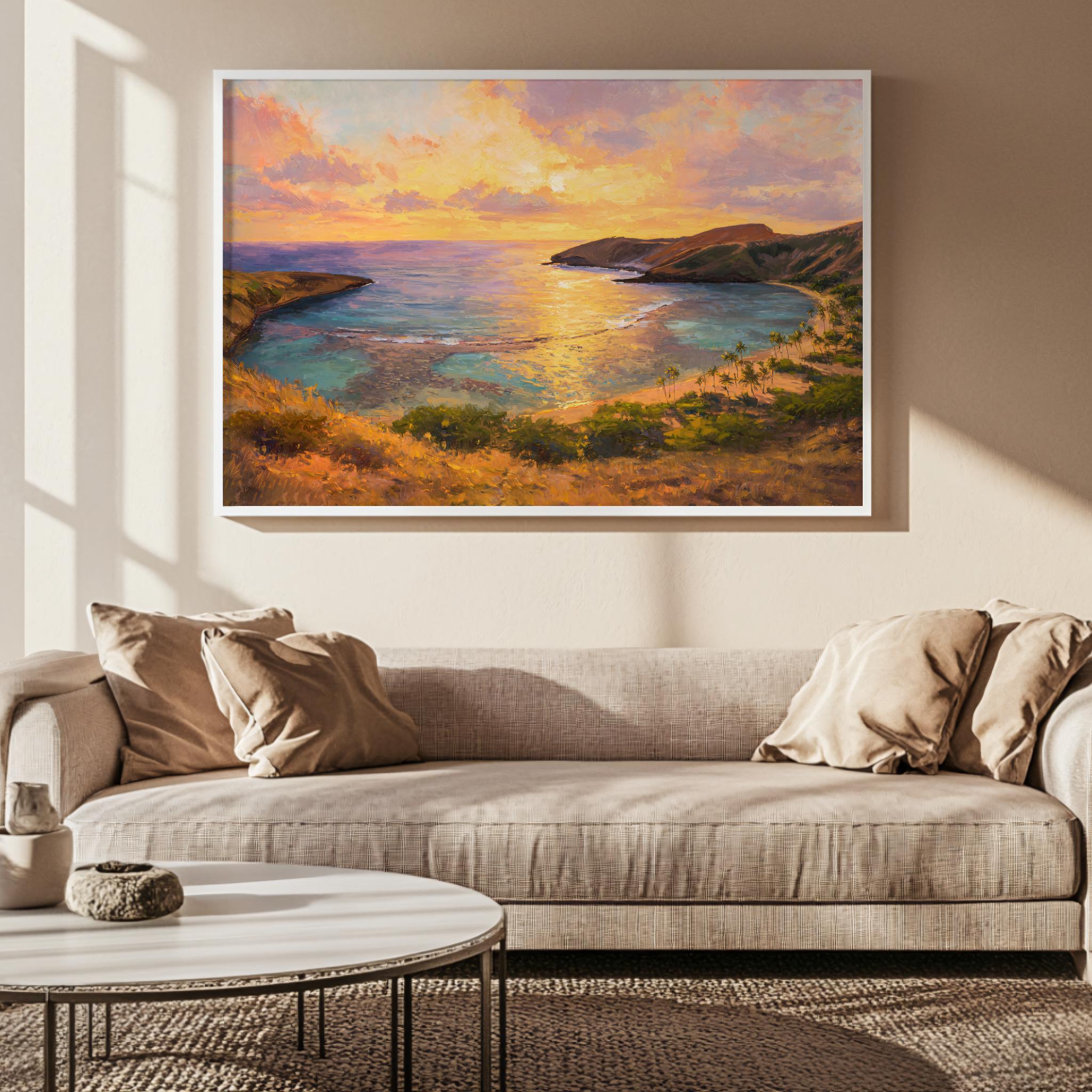 Hanauma Bay Sunset Painting, Hawaii Coral Reef Ocean Wall Art