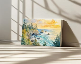 Oregon Coastline Canvas, Coastal Blue Ocean Wall Art, Pacific Northwest Summer Sunset Artwork, Seascape Forest Nature Landscape Painting