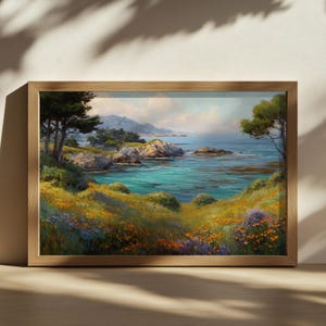 Point Lobos-schilderij, natuurkunst aan de kust van Californië, natuurmuurkunst Monterey Peninsula Bay, klaprozen in de baai van Monterey, landschap met wilde bloemen in de Stille Oceaan