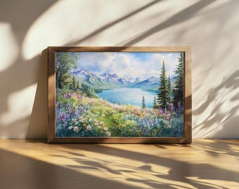 Puede incluir: Un cuadro de paisaje rectangular en un marco de madera marrón que representa un sereno lago de montaña rodeado de exuberantes pinos verdes y un primer plano vibrante lleno de coloridas flores silvestres bajo un cielo azul.