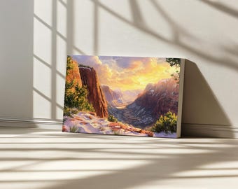 Angels Landing Canvas, Zion National Park Wall Art, Utah Spring Snow Mountain Artwork, Red Rock Canyon Art, Valley Sunset Landscape Painting